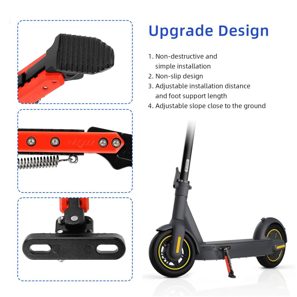high strength aluminum alloy adjustable kickstand, black red stylish design, stable parking support, easy to install, perfect replacement foot support stand for multiple electric scooter models.