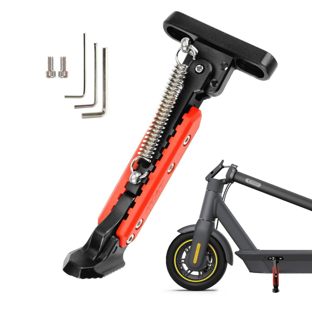 high strength aluminum alloy adjustable kickstand, black red stylish design, stable parking support, easy to install, perfect replacement foot support stand for multiple electric scooter models.